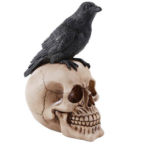 Poe's Black Raven on Skull Head Figurine