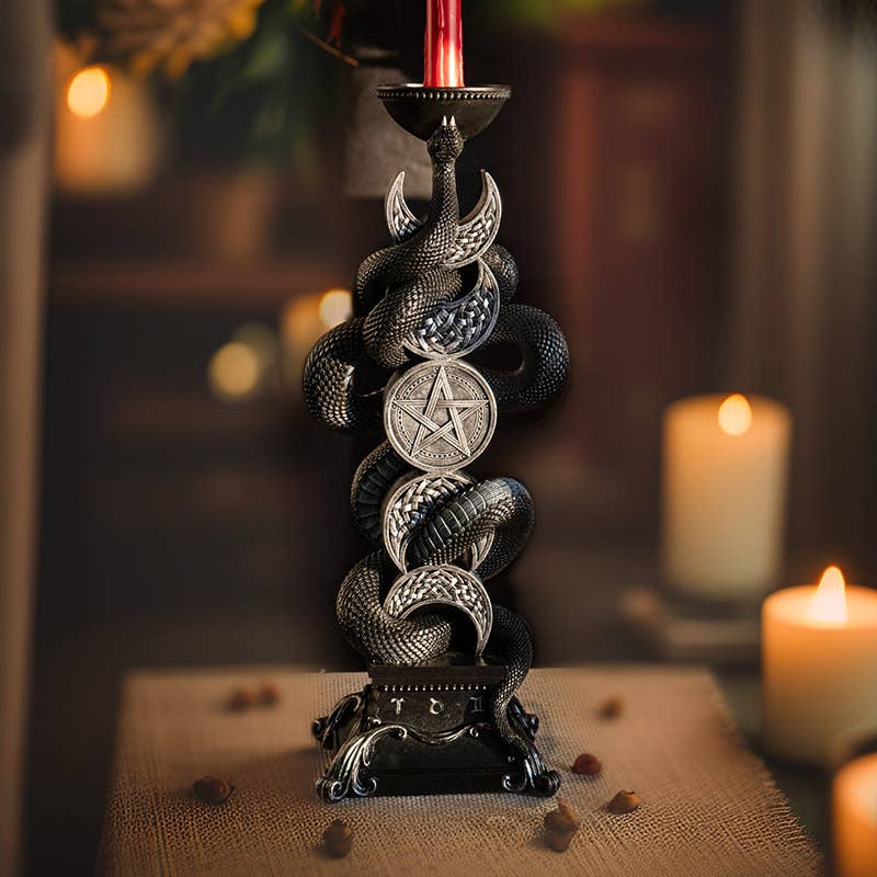 Tall Triple Moon With Black Serpent Candleholder