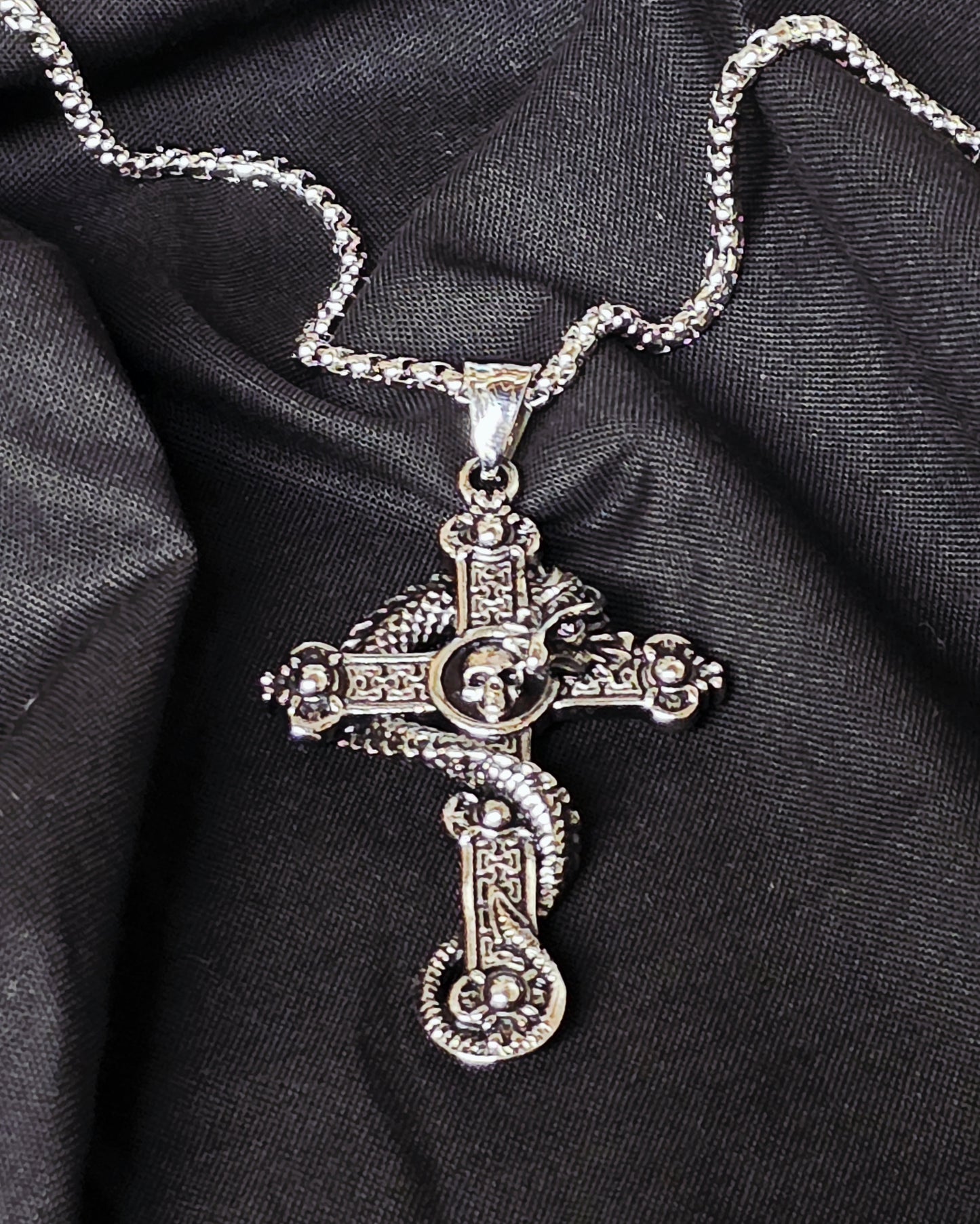Snake wrapped cross stainless steel necklace