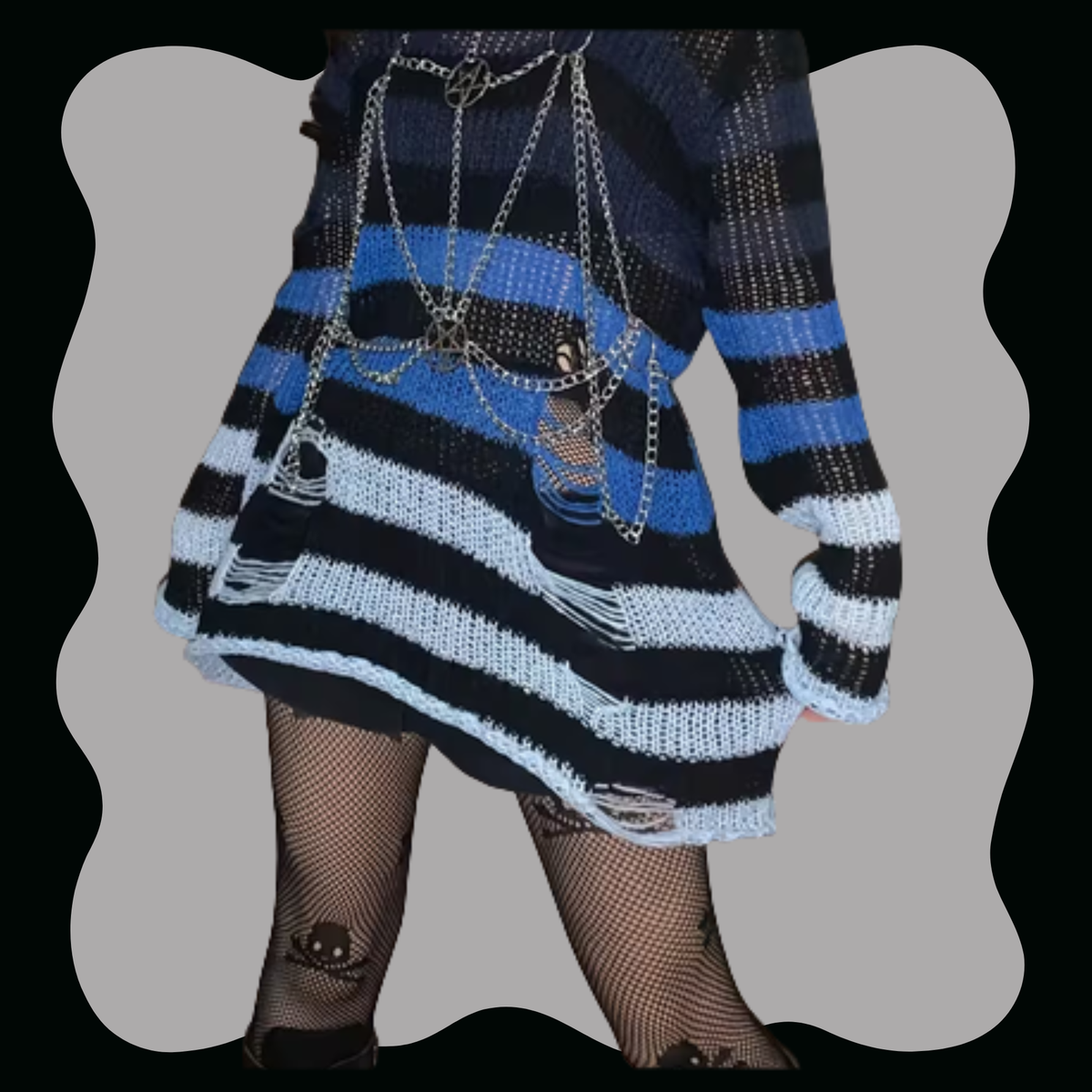 Blue Gradient Oversized Black Striped Ribbed Sweater