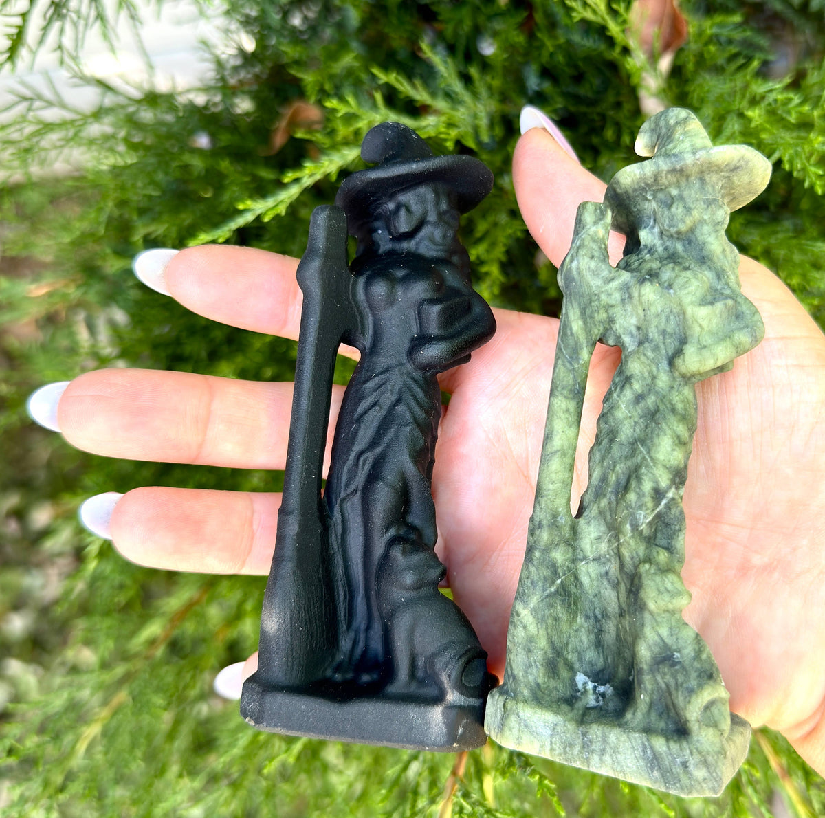 Natural Black Obsidian & Nephrite Jade Witch Crystal Carving