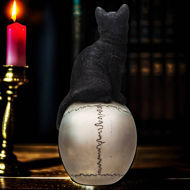 Black Cat on Skull Statue Figurine