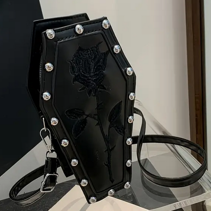 Coffin with Rose Embroidered Crossbody Bag
