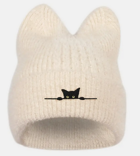 Black Cat Embroidered Knit Beanie-Super soft