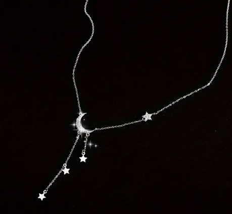 Sparkling moon and star silver adjustable necklace