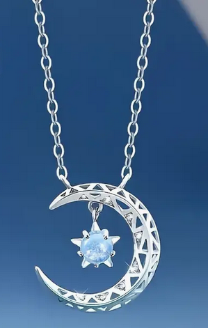 Crescent Moon and Blue Star Silver Necklace