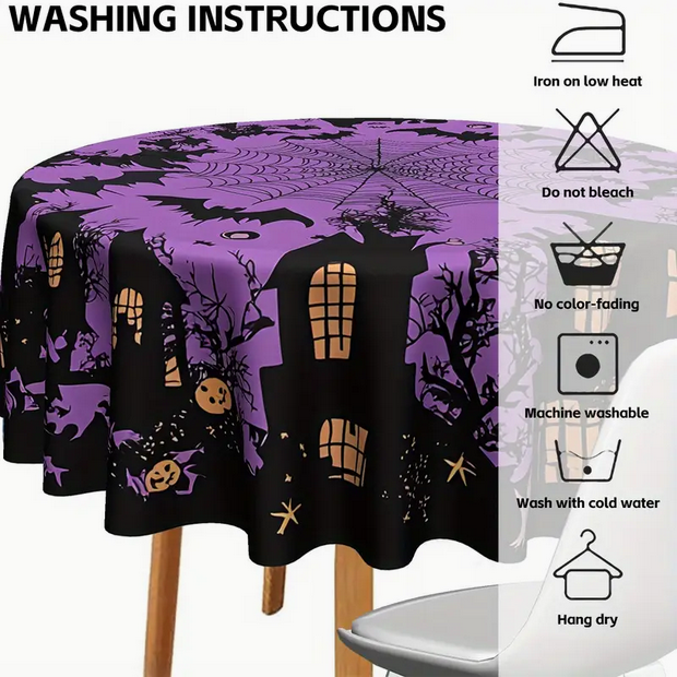 Purple Halloween Haunted House Bats and Spider Tablecloth
