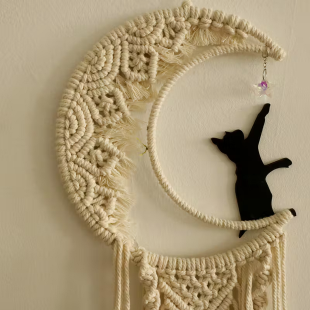 Cat and Moon Macrame Hanging Wall art