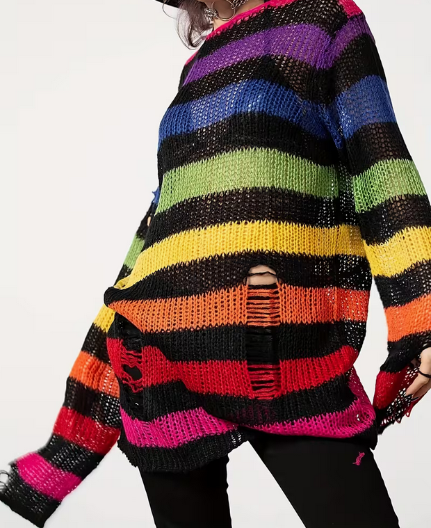 Rainbow Black Oversized Stripped Ribbed Sweater