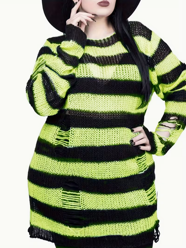Neon Green Black Oversized Stripped Ribbed Sweater