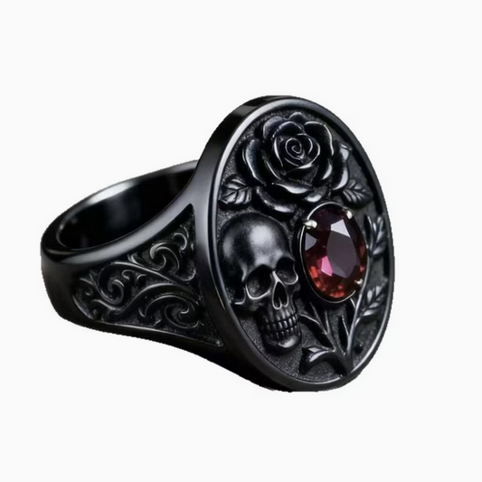 Skull and Rose Red Gemstone Goth Gun Metal Black Ring