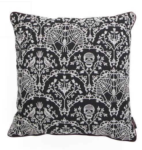 Embroidered Skull, Raven, Spider Web Large Pillow