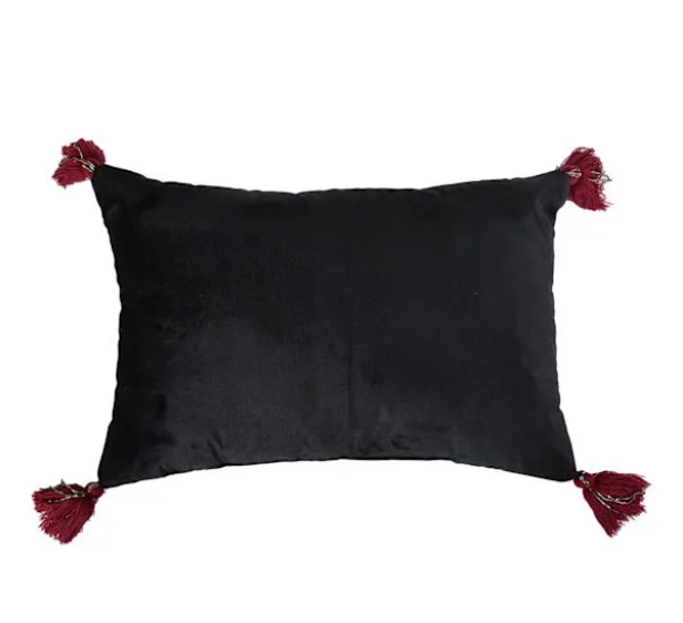 Black Red Velvet Beaded Raven Throw Pillow
