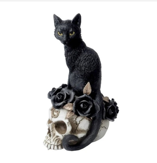 Grimalkin's Ghost Black Cat Roses on a Skull Statue Figurine