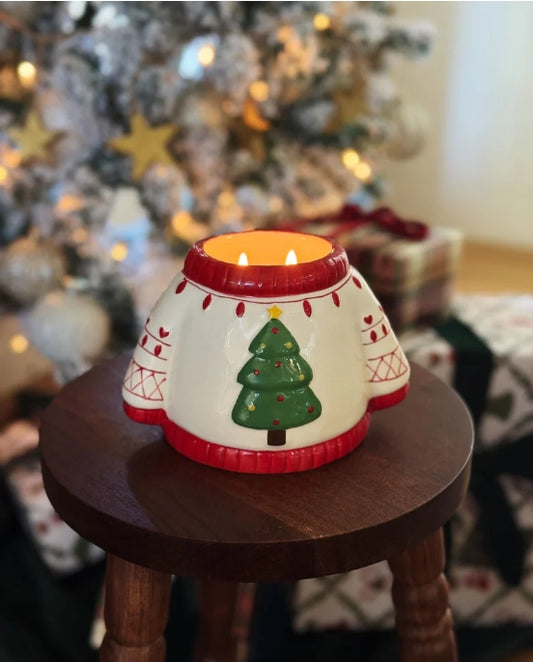 Peppermint Patchwork Christmas Sweater Icon Ceramic Candle