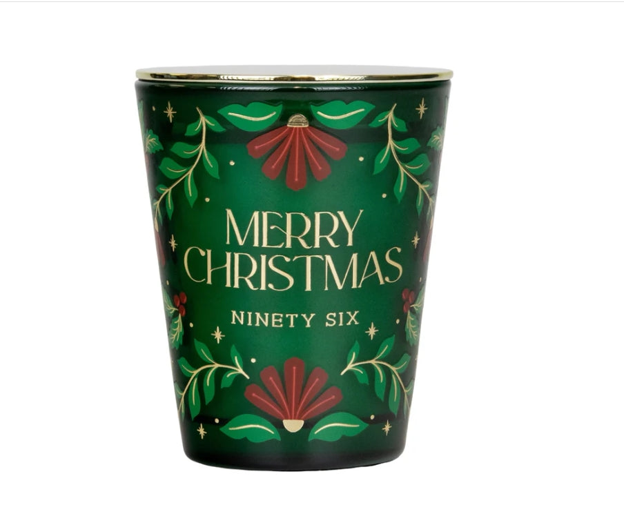 Merry Christmas Evergreen Pine Glass Candle