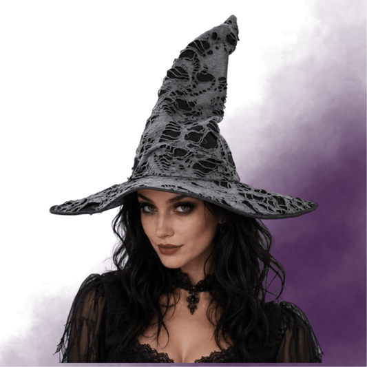 Black & Grey Distressed Witch Hat with Wide Brim Costumes - Gothic & Alternative Gift - Haunted