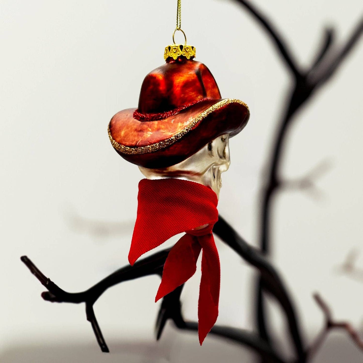 Vintage Ol Western Cowboy Skull Glass Ornament Gothmas, Christmas, Creepmas, Holiday