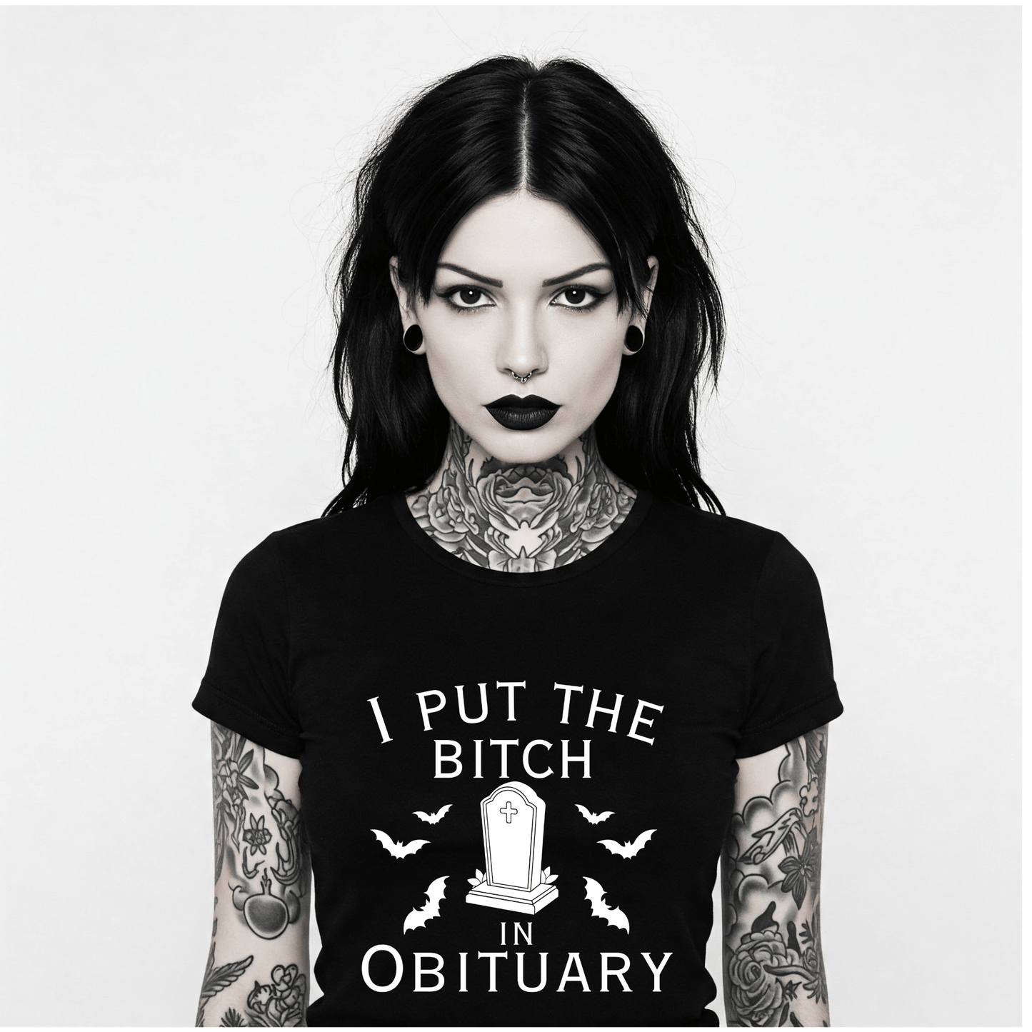I Put the Bitch in Obituary Graphic T Shirt Goth Halloween Funny Mom Clothing - Gothic & Alternative Gift - Haunted