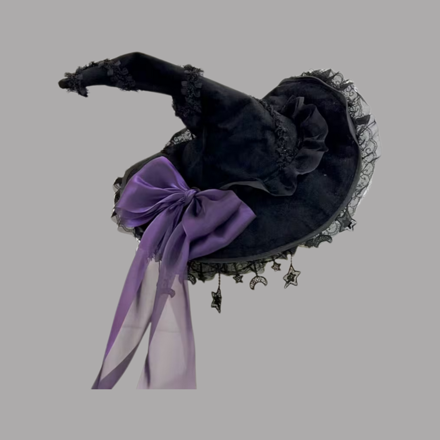 Purple and Black Witch Hat Purple with Stars, Moon and Lace