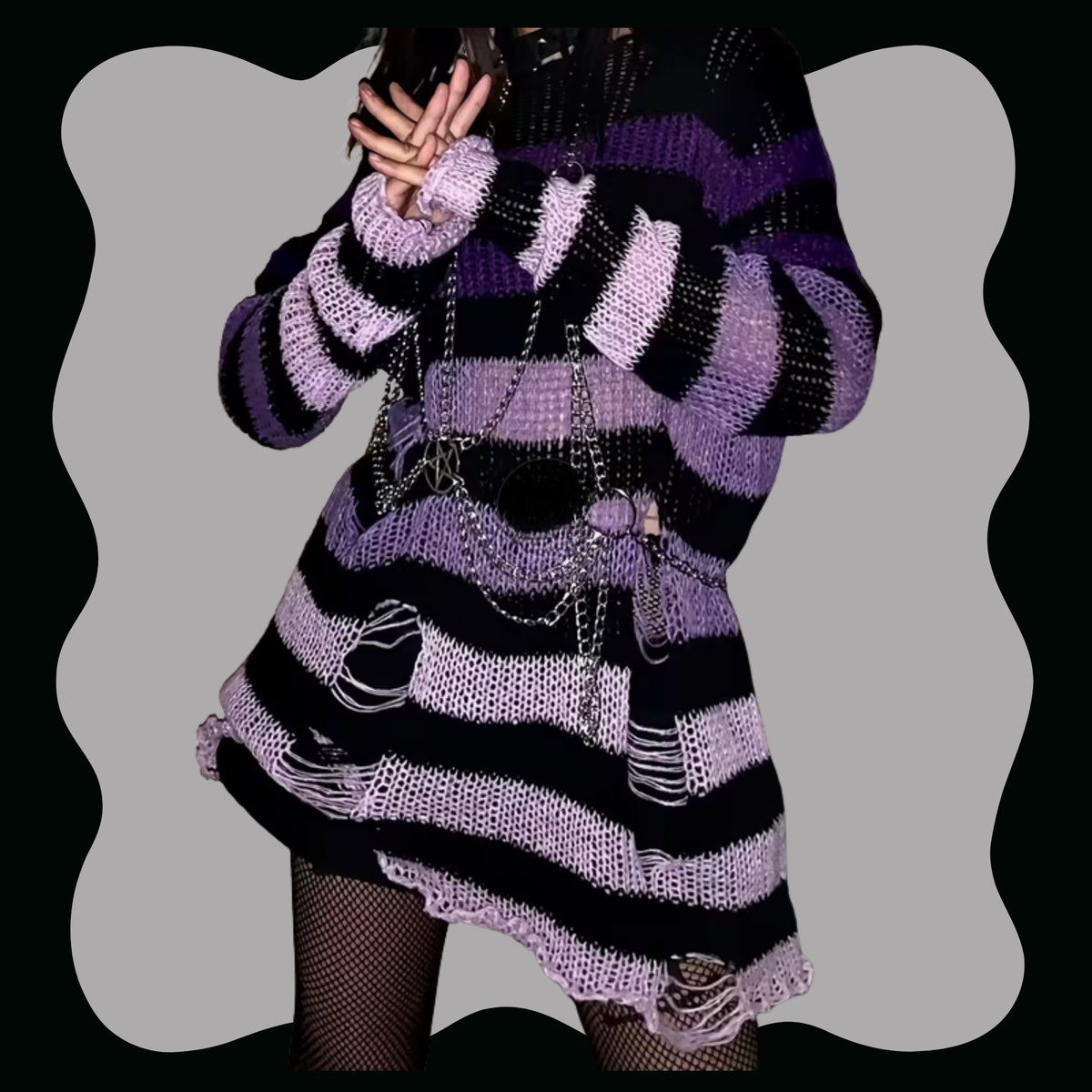 Purple Gradient Oversized Black Striped Ribbed Sweater