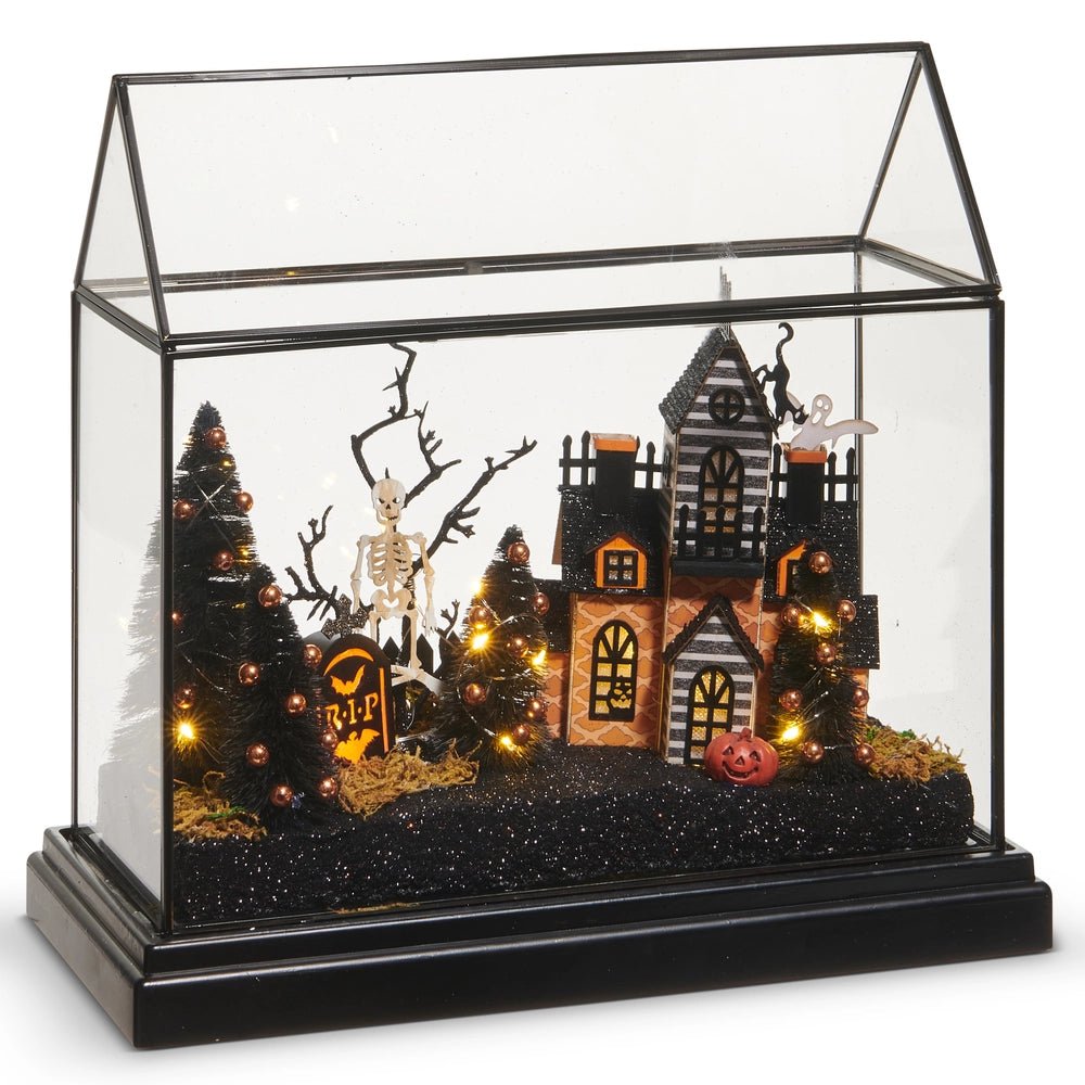 Lighted Halloween Terrarium with Haunted House & Graveyard Scene — 12.75" Home Decor - Gothic & Alternative Gift - Haunted