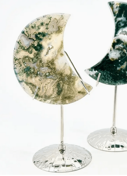 Moss agate crystal moon with metal display - Gothic & Alternative Gift - Haunted
