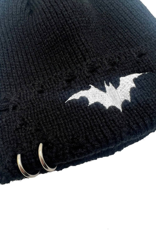 Premium Embroidered Bat Distressed Pierced Beanie Accessories - Gothic & Alternative Gift - Haunted