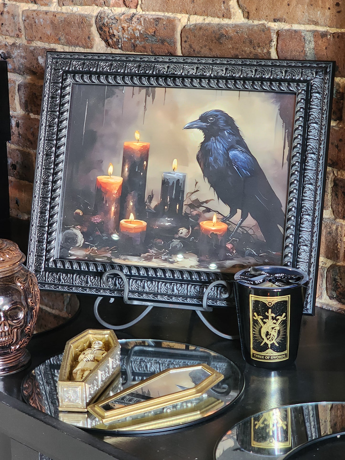 Antique Raven Burning Candles Framed Print