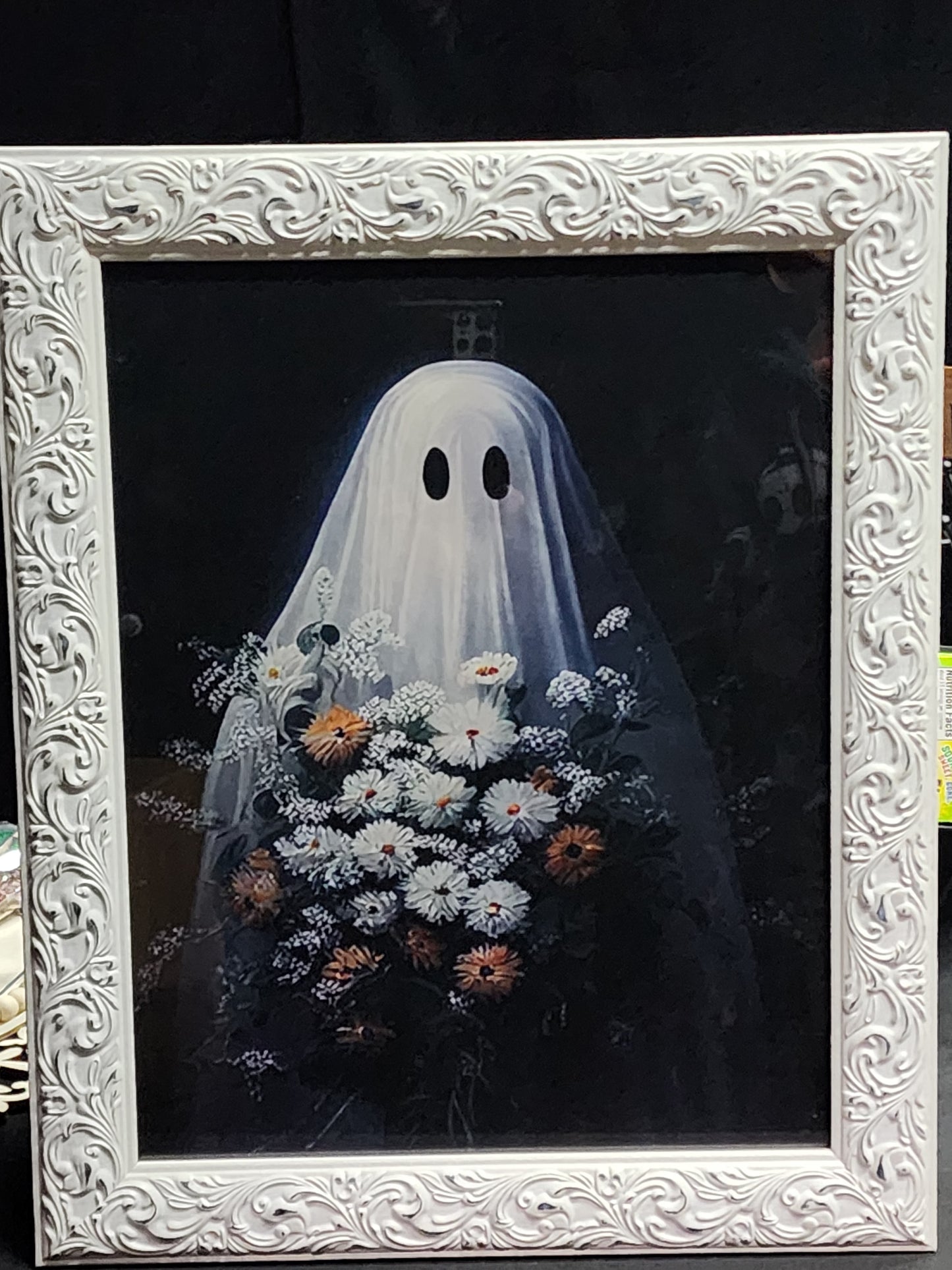 Spooky Cute Ghost With Flowers Framed Canvas Print