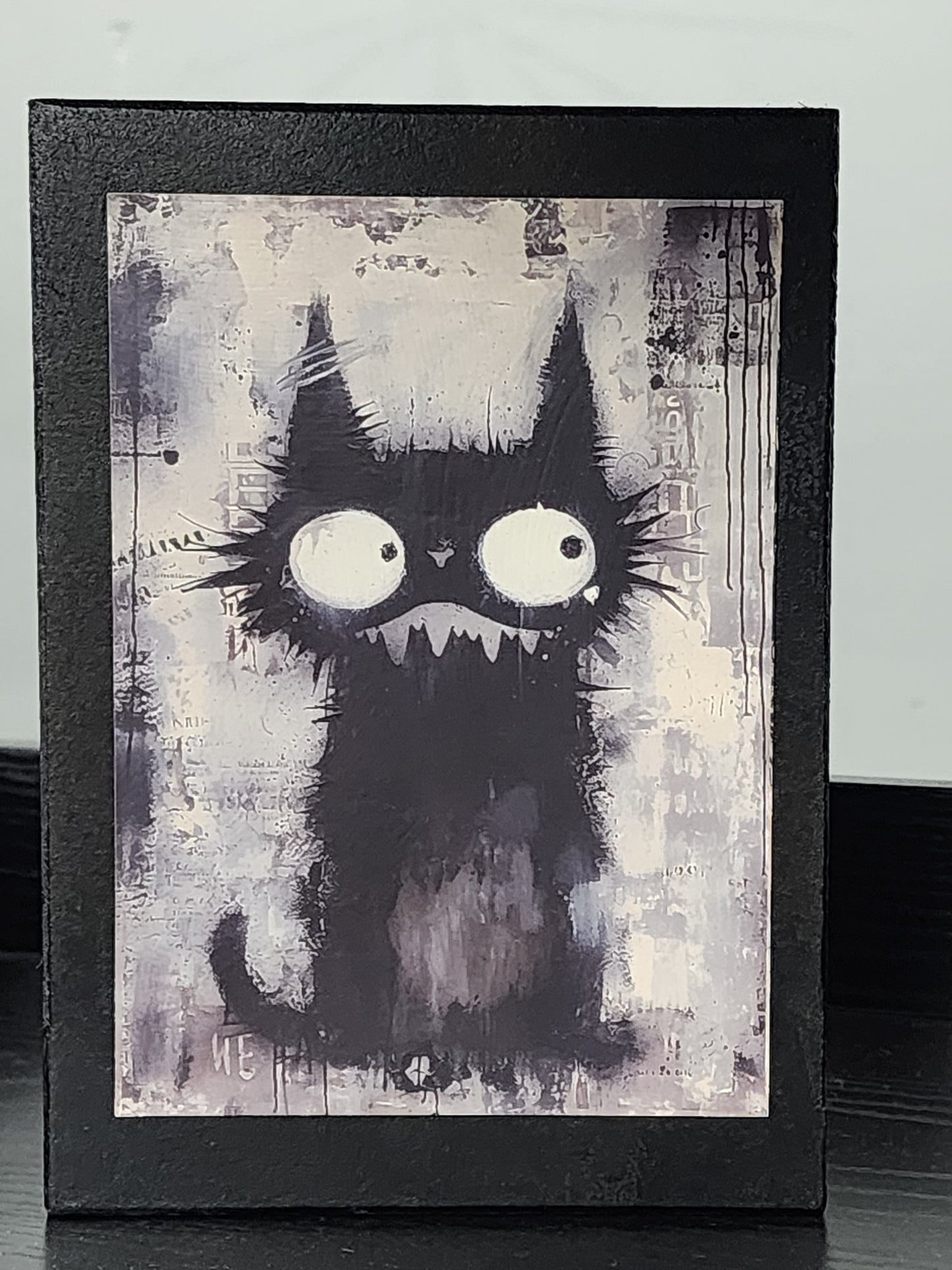 Whimsigoth Creepy Cute black Cat Print on Wood
