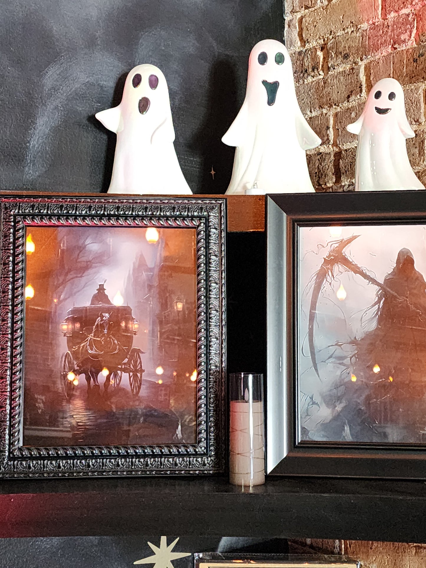 Antique Stagecoach with Black Horse at Night Framed Print