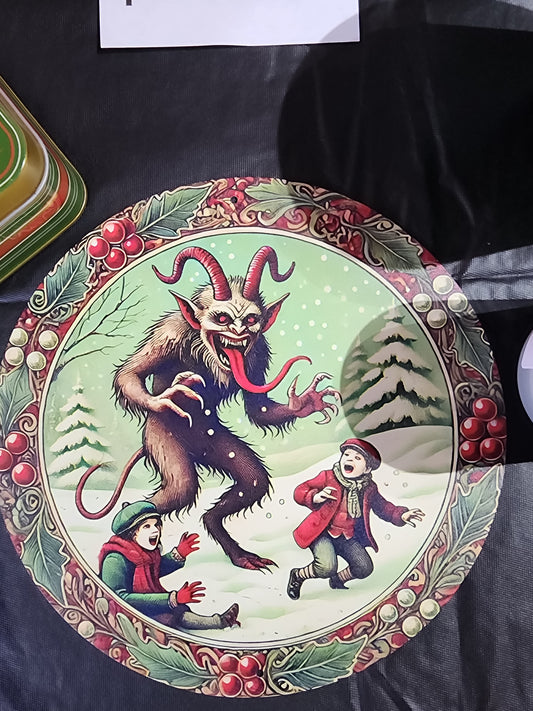 Vintage Krampus Round Metal Wall Art Plaque Christmas Holiday