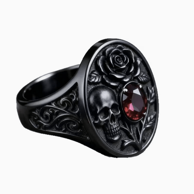 Skull and Rose Red Gemstone Goth Gun Metal Black Ring Jewelry - Gothic & Alternative Gift - Haunted