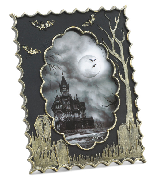 Black and gold tombstone, Coffin and spooky tree with Bat Picture Frame