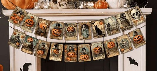 Vintage Halloween Garland Banner Pumpkin, Children, Skull, Bats, Cat, Crow Wall Hanging - Gothic & Alternative Gift - Haunted