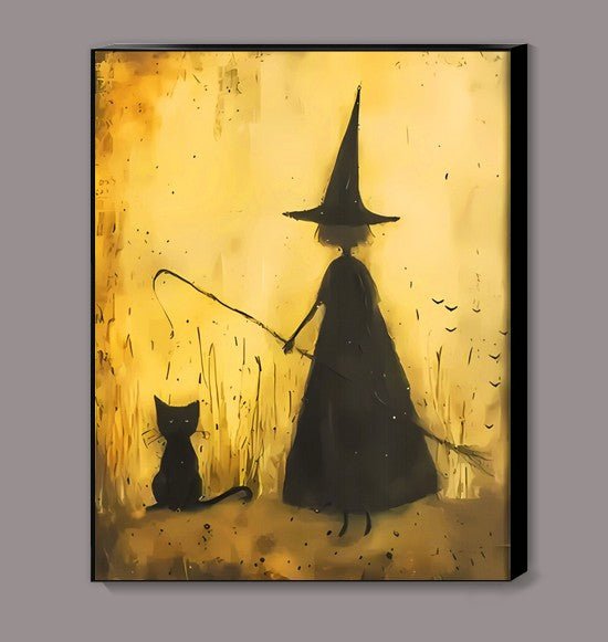 Vintage Witch Girl with Her Cat Canvas Print wall hanging - Gothic & Alternative Gift - Haunted