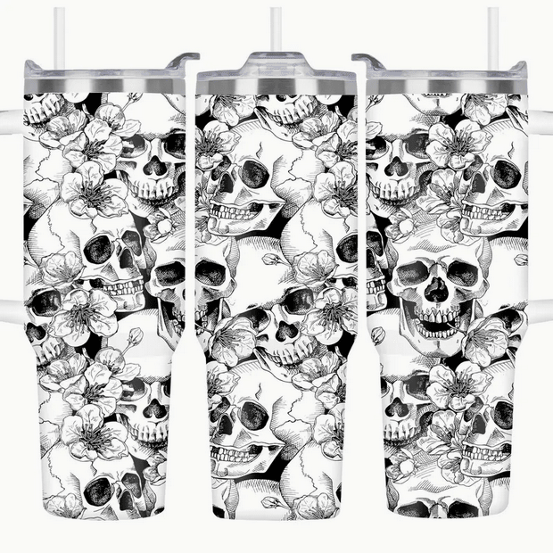 XL Skull and Flower Black and White Tumbler Drinkware - Gothic & Alternative Gift - Haunted
