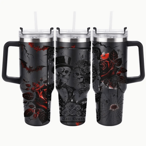 XL Vintage Skeleton Couple With Blood Red Rose Tumbler Drinkware - Gothic & Alternative Gift - Haunted