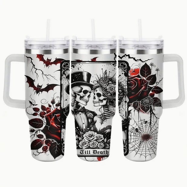 XL Vintage Skeleton Couple With Blood Red Rose Tumbler White Drinkware - Gothic & Alternative Gift - Haunted