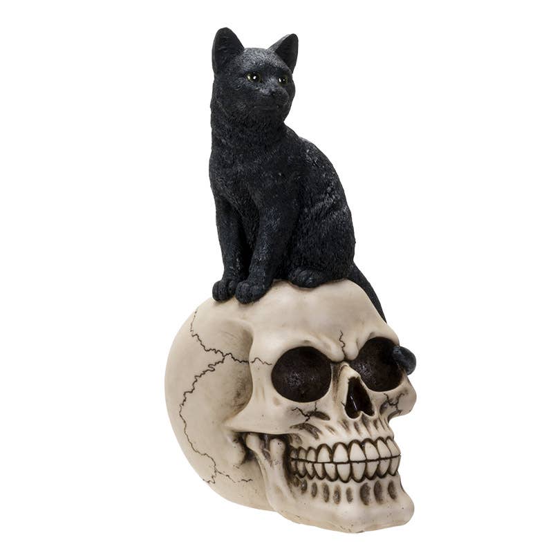 Black Cat on Skull Statue Figurine