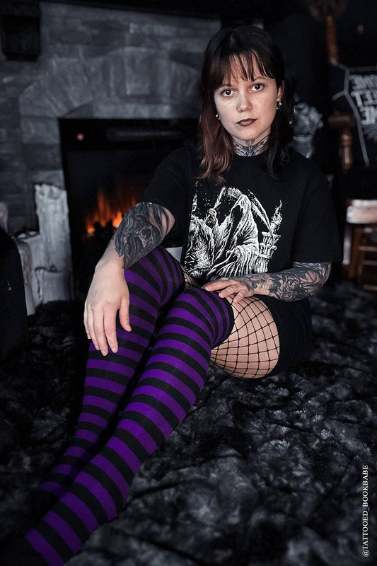 Purple Fishnet Garter Thigh High Socks Goth Victorian Cosplay