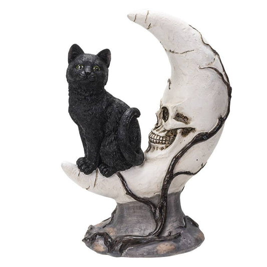 Sitting Black Cat on Moon Skull Face Figurine
