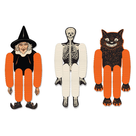 Vintage Halloween Tissue Dancers 14" Witch, Skeleton, Black Cat