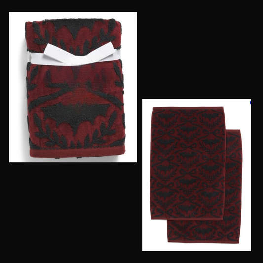 Wine Colored Damask Bat Halloween Kitchen Towels Set of 2