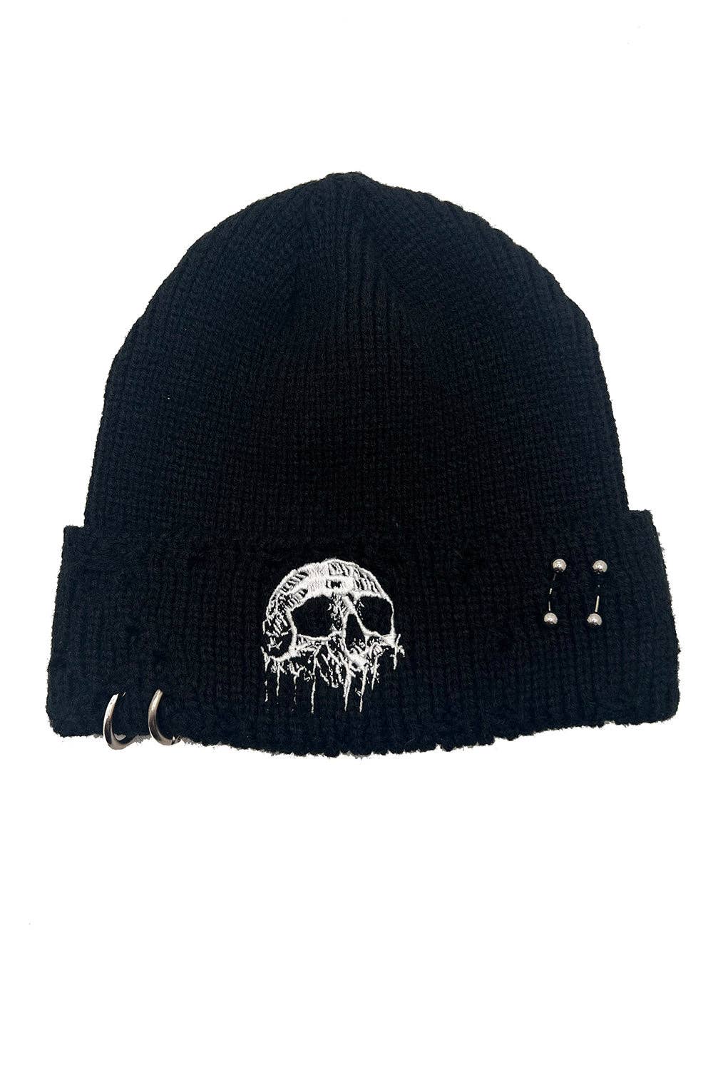 Premium Embroidered Dripping Skull Distressed Pierced Beanie