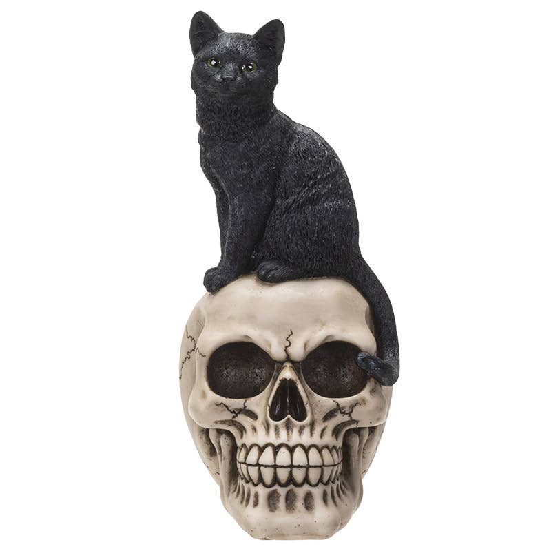 Black Cat on Skull Statue Figurine