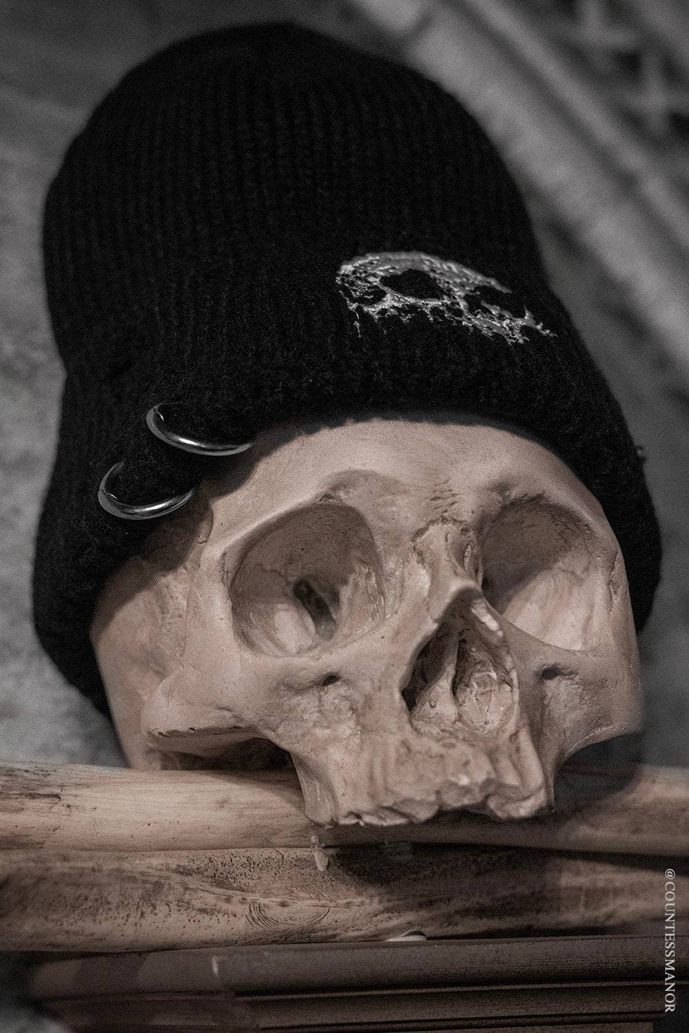 Premium Embroidered Dripping Skull Distressed Pierced Beanie