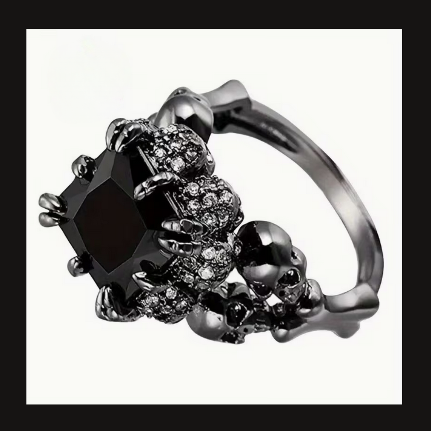 Black Gothic Skull and Gemstones Dark Silver Ring