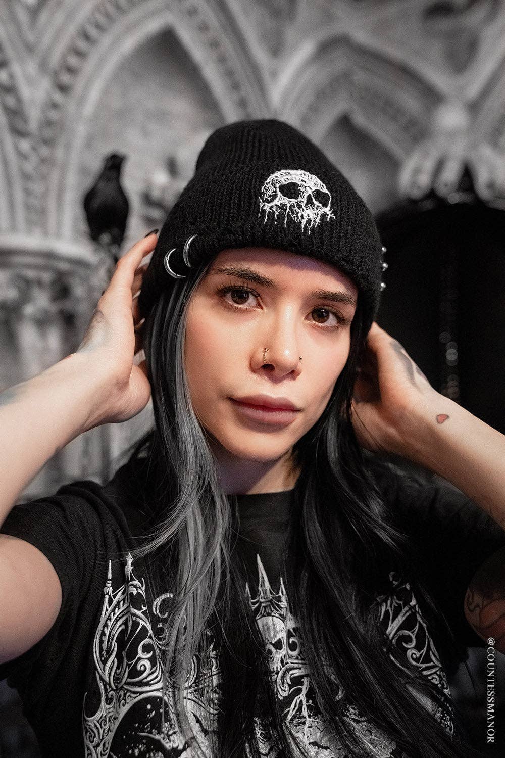 Premium Embroidered Dripping Skull Distressed Pierced Beanie
